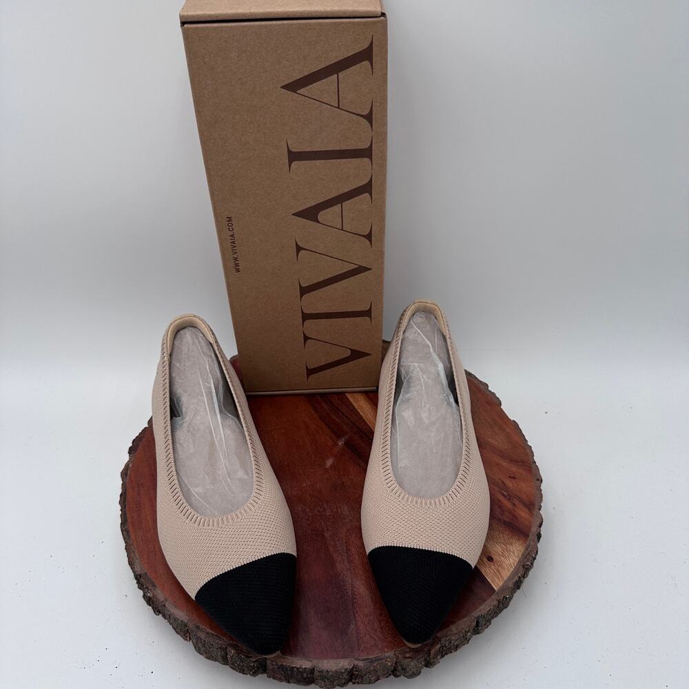 NWB Vivaia Aria 5 Pointed Toe Ballet Flats Almond Black Cap Toe $130 Size 38.5